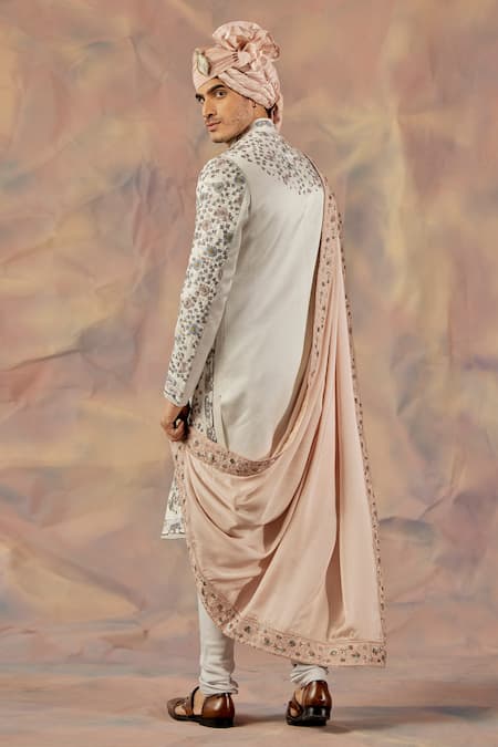 Shop_Jatin Malik_Silver Linen Silk Floral Print Embroidered Sherwani Set _at_Aza_Fashions