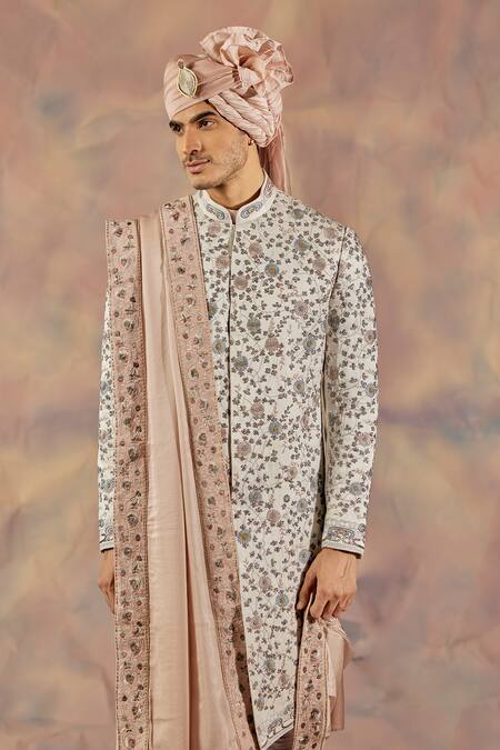 Jatin Malik_Silver Linen Silk Floral Print Embroidered Sherwani Set _Online_at_Aza_Fashions