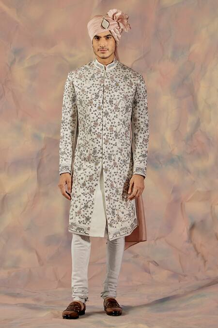 Buy_Jatin Malik_Silver Linen Silk Floral Print Embroidered Sherwani Set _Online_at_Aza_Fashions