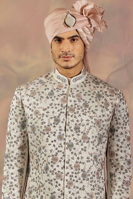 Shop_Jatin Malik_Silver Linen Silk Floral Print Embroidered Sherwani Set _Online_at_Aza_Fashions