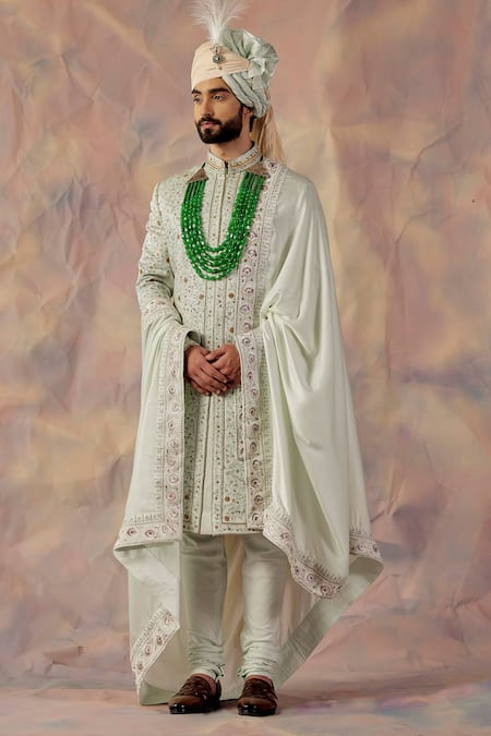 Jatin Malik Linen Silk Embroidered Sherwani Set 