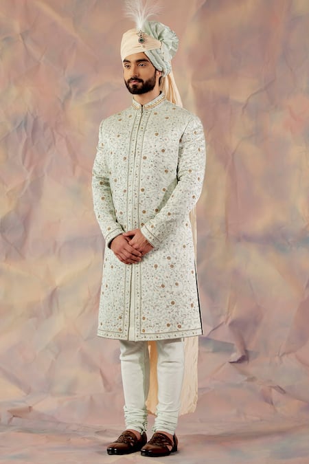 Jatin Malik_Blue Linen Silk Floral Print Embroidered Sherwani Set _Online_at_Aza_Fashions