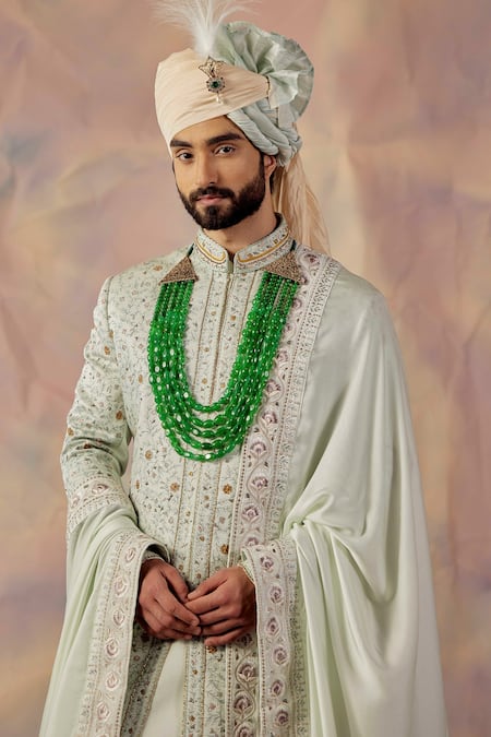 Shop_Jatin Malik_Blue Linen Silk Floral Print Embroidered Sherwani Set _Online_at_Aza_Fashions