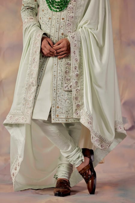 Jatin Malik_Blue Linen Silk Floral Print Embroidered Sherwani Set _at_Aza_Fashions