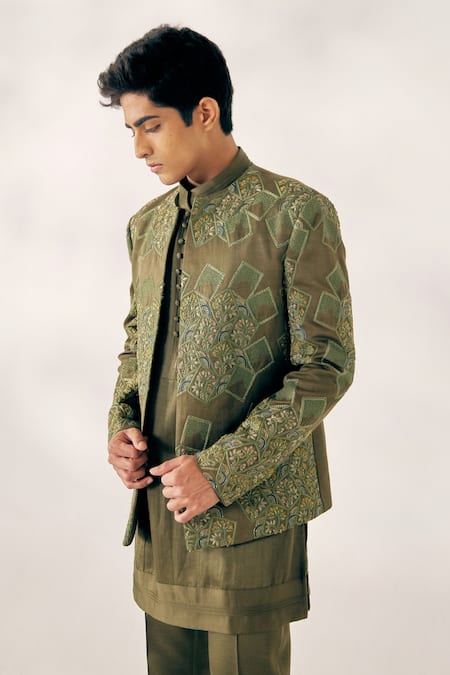 Shop_Jatin Malik_Green Linen Silk Geometric Embroidered Jacket And Pant Set _at_Aza_Fashions