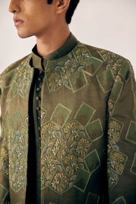 Jatin Malik_Green Linen Silk Geometric Embroidered Jacket And Pant Set _Online_at_Aza_Fashions
