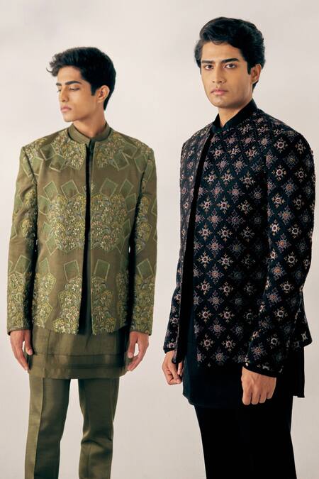 Buy_Jatin Malik_Green Linen Silk Geometric Embroidered Jacket And Pant Set _Online_at_Aza_Fashions