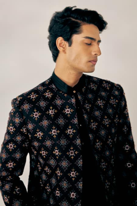 Shop_Jatin Malik_Black Linen Silk Floral Embroidered Jacket And Pant Set _Online_at_Aza_Fashions
