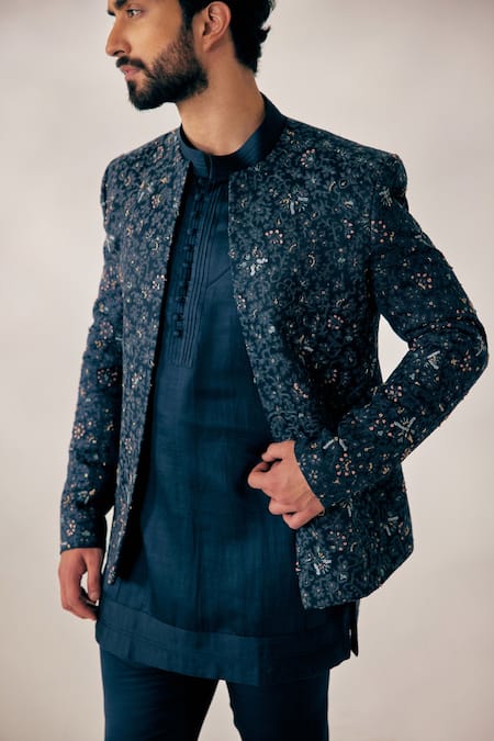 Jatin Malik_Blue Linen Silk Floral Embroidered Jacket And Pant Set _Online_at_Aza_Fashions