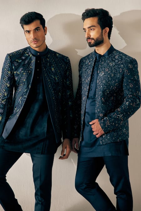 Shop_Jatin Malik_Blue Linen Silk Floral Embroidered Jacket And Pant Set _Online_at_Aza_Fashions