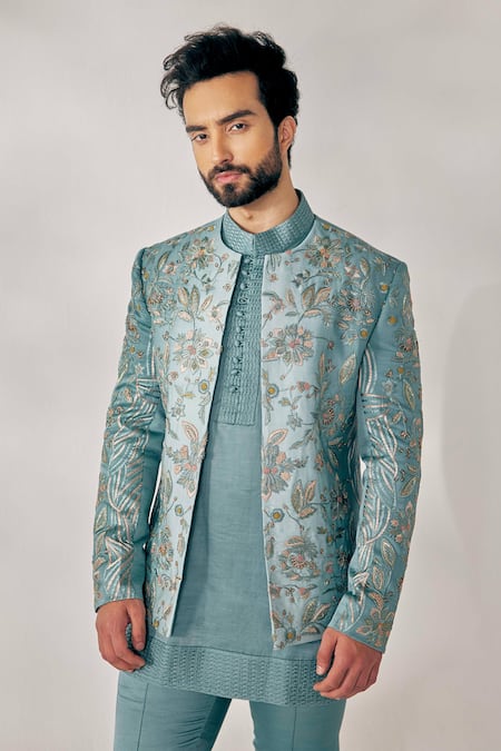 Shop Jatin Malik Grey Linen Silk Floral Embroidered Jacket And Pant Set at Aza Fashions Shop_Jatin Malik_Grey Linen Silk Floral Embroidered Jacket And Pant Set _at_Aza_Fashions