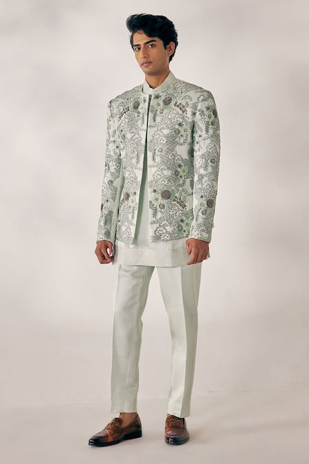 Jatin Malik Blue Linen Silk Embroidered Floral Jacket And Pant Set 