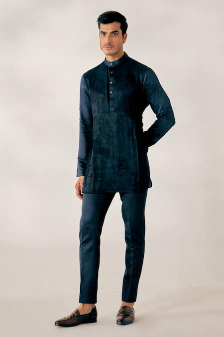 Jatin Malik Blue Linen Silk Marble Dyed Kurta Set 
