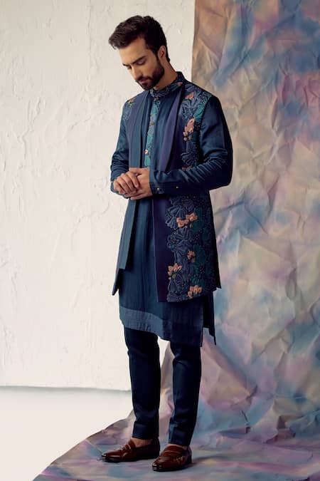 Buy Blue Linen Silk Embroidered Floral Jacket And Kurta Set For Men by  Jatin Malik Online at Aza Fashions.