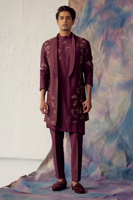 Jatin Malik Wine Linen Silk Embroidered Floral Jacket And Kurta Set 