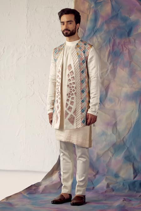 Jatin Malik Linen Silk Embroidered Jacket & Kurta Set 