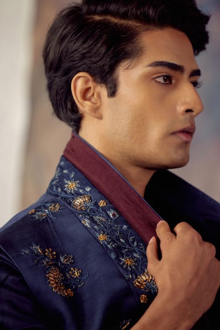 Jatin Malik_Blue Linen Silk Floral Embroidered Jacket And Kurta Set _Online_at_Aza_Fashions