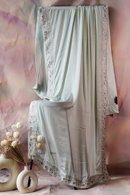 Jatin Malik_Blue Embroidered Floral Border Stole _Online_at_Aza_Fashions