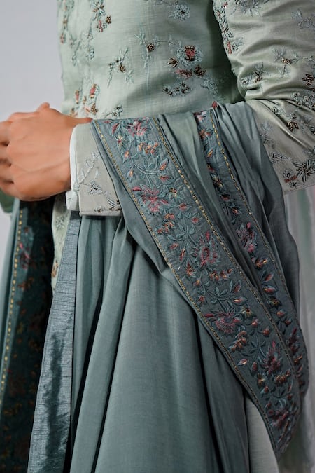 Jatin Malik_Grey Embroidered Floral Border Stole _Online_at_Aza_Fashions