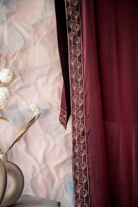 Shop_Jatin Malik_Wine Embroidered Floral Border Stole _at_Aza_Fashions