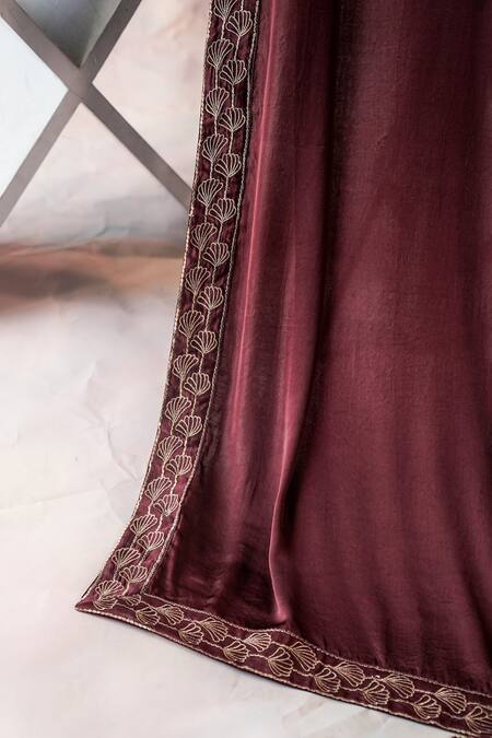 Jatin Malik_Wine Embroidered Floral Border Stole _Online_at_Aza_Fashions