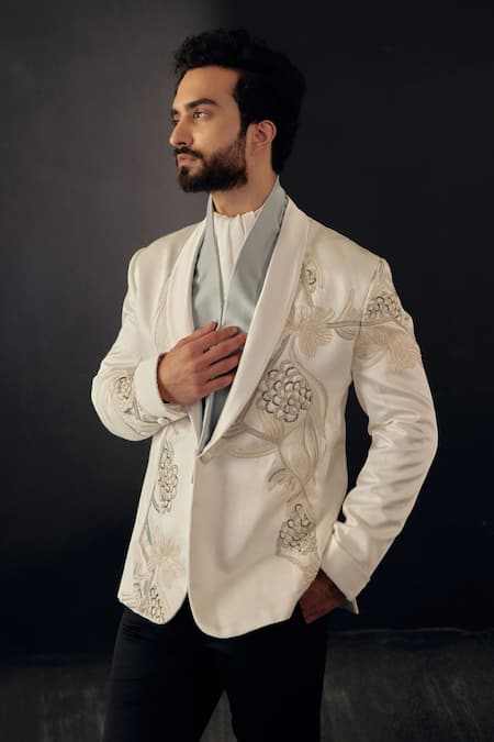 Jatin Malik Linen Silk Embroidered Tuxedo Pant Set 