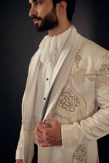 Jatin Malik_Ivory Linen Silk Floral Embroidered Tuxedo Pant Set _Online_at_Aza_Fashions