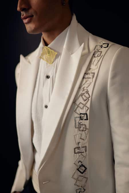 Jatin Malik_Ivory Suede Geometric Embroidered Tuxedo Pant Set _Online_at_Aza_Fashions