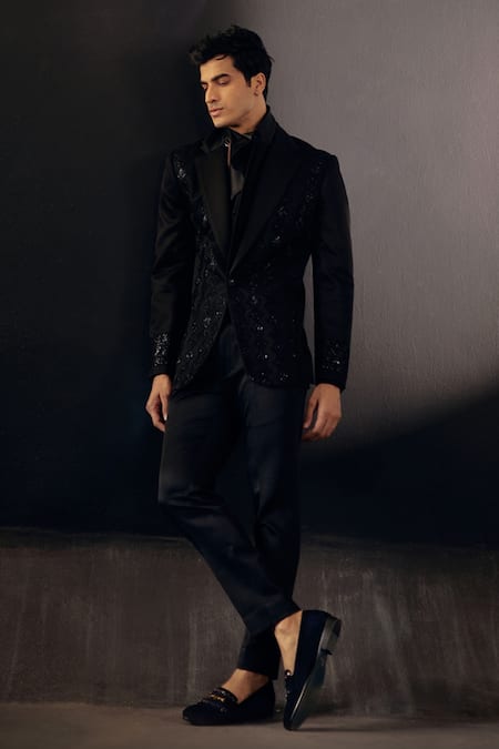 Jatin Malik Black Linen Silk Sequin Embroidered Tuxedo Pant Set 