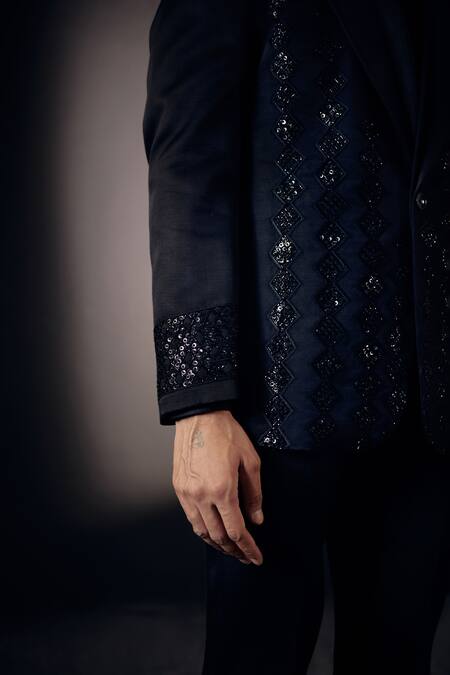 Buy_Jatin Malik_Black Linen Silk Sequin Embroidered Tuxedo Pant Set _Online_at_Aza_Fashions