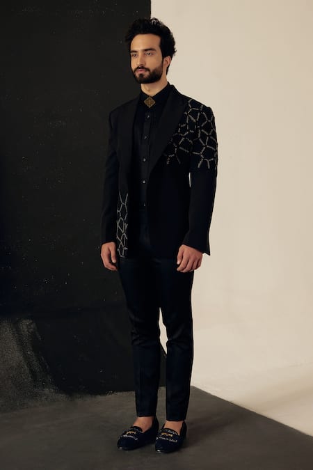 Buy Black Crepe Embroidered Tuxedo Pant Set For Men by Jatin Malik Online  at Aza Fashions.