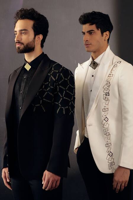 Jatin Malik_Black Crepe Embroidered Tuxedo Pant Set _Online_at_Aza_Fashions
