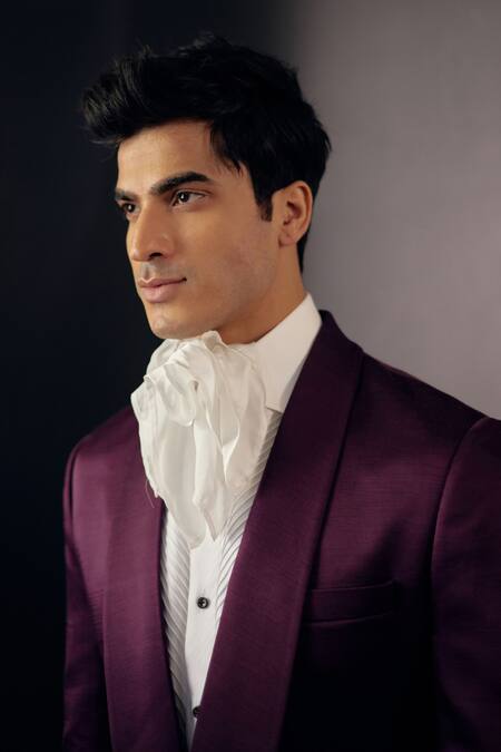 Jatin Malik Wine Linen Silk Tuxedo Pant Set Online at Aza Fashions Jatin Malik_Wine Linen Silk Tuxedo Pant Set _Online_at_Aza_Fashions