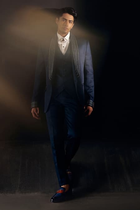 Shop_Jatin Malik_Blue Linen Silk Cord Tuxedo Pant Set _at_Aza_Fashions