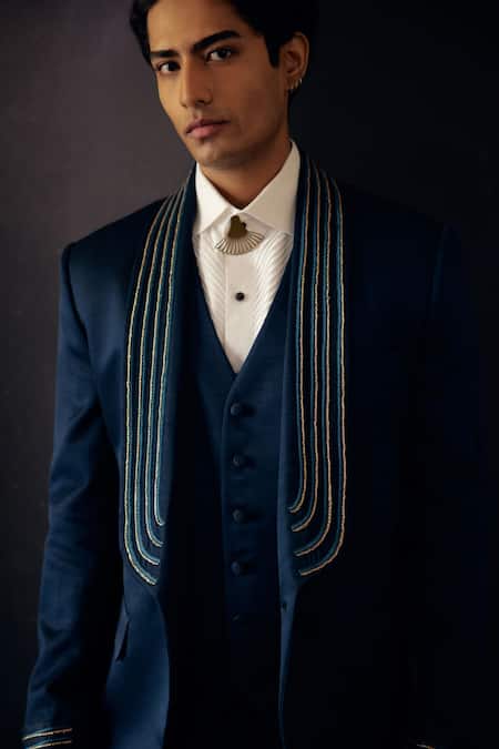 Jatin Malik_Blue Linen Silk Cord Tuxedo Pant Set _Online_at_Aza_Fashions