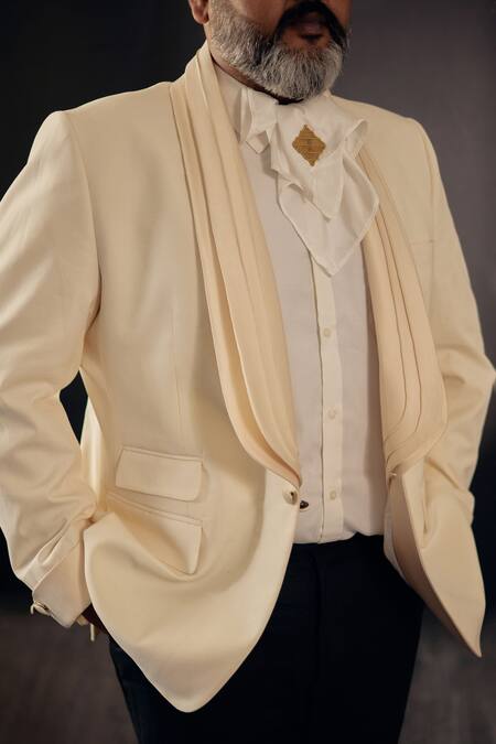 Jatin Malik Cream Terry Rayon Double Lapel Collar Tuxedo Pant Set Online at Aza Fashions Jatin Malik_Cream Terry Rayon Double Lapel Collar Tuxedo Pant Set _Online_at_Aza_Fashions