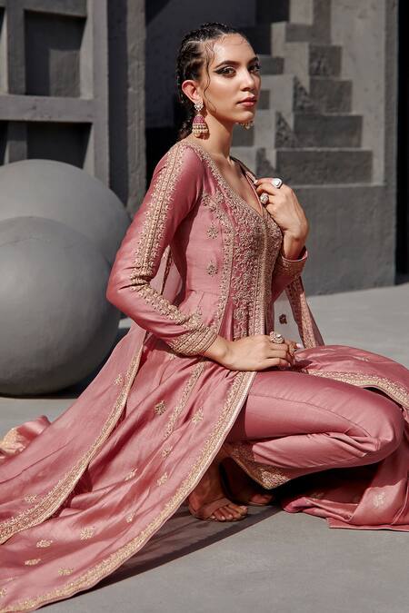 Jigar Mali_Pink Chanderi Embroidery Aari V Neck Anarkali Set _at_Aza_Fashions