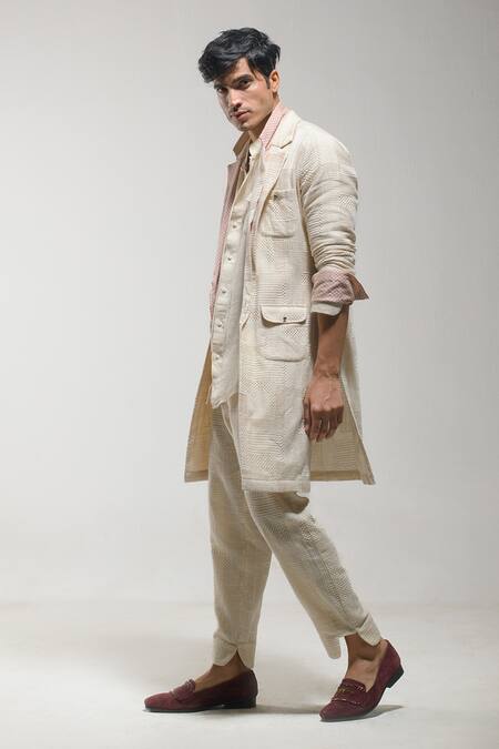 Buy_Jatin Malik_Beige Textured Long Overcoat _Online_at_Aza_Fashions