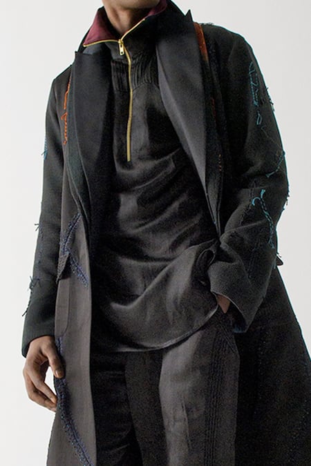 Jatin Malik_Black Modal, Rayon Embroidery Farisha Long Overcoat _Online_at_Aza_Fashions