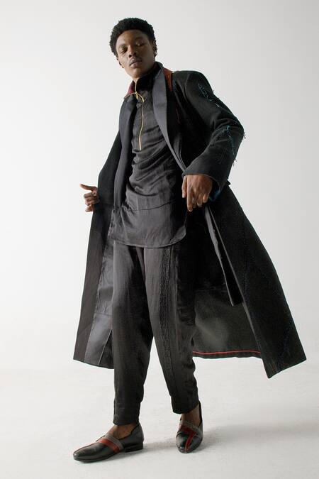 Buy_Jatin Malik_Black Modal, Rayon Embroidery Farisha Long Overcoat _Online_at_Aza_Fashions