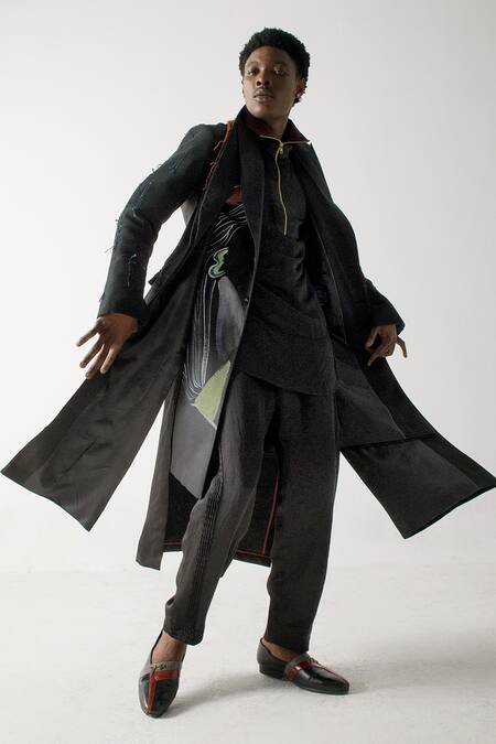 Shop_Jatin Malik_Black Modal, Rayon Embroidery Farisha Long Overcoat _Online_at_Aza_Fashions