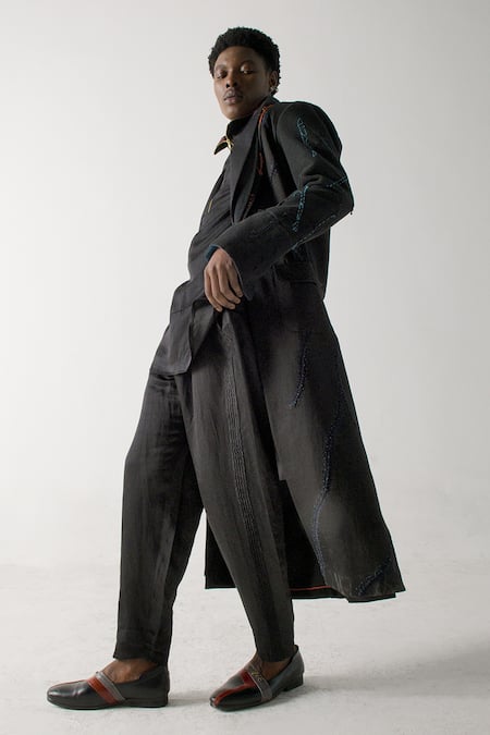 Jatin Malik_Black Modal, Rayon Embroidery Farisha Long Overcoat _at_Aza_Fashions