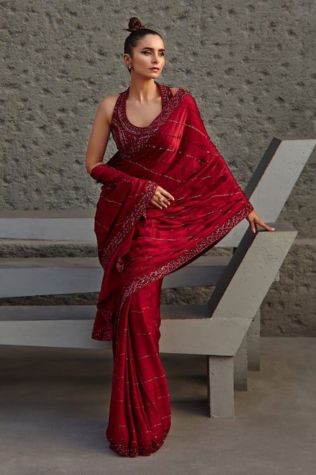 Red hand embroidered tiered sari & halter neck blouse set – Arpita Mehta  Official