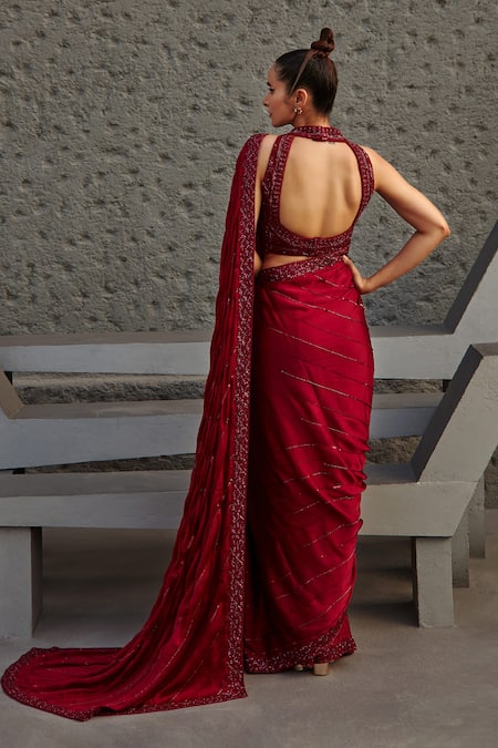 Jigar Mali_Red Butterfly Net, Satin Georgette Cutdana, Floral Embroidered Saree With Blouse _Online_at_Aza_Fashions