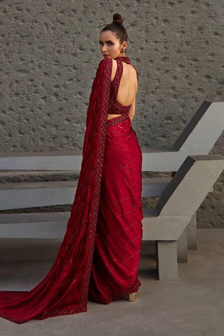 Buy_Jigar Mali_Red Butterfly Net, Satin Georgette Cutdana, Floral Embroidered Saree With Blouse _Online_at_Aza_Fashions