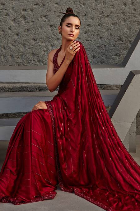 Shop_Jigar Mali_Red Butterfly Net, Satin Georgette Cutdana, Floral Embroidered Saree With Blouse _Online_at_Aza_Fashions