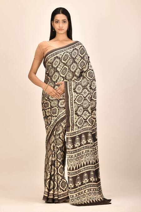 Nazaakat by Samara Singh Black Modal Silk Ajrakh Print Saree With Running Blouse Fabric