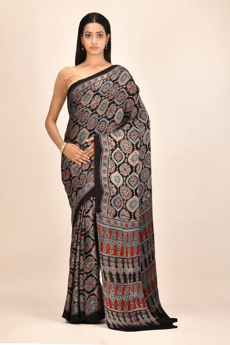 Nazaakat by Samara Singh Black Modal Silk Ajrakh Print Saree With Running Blouse Fabric