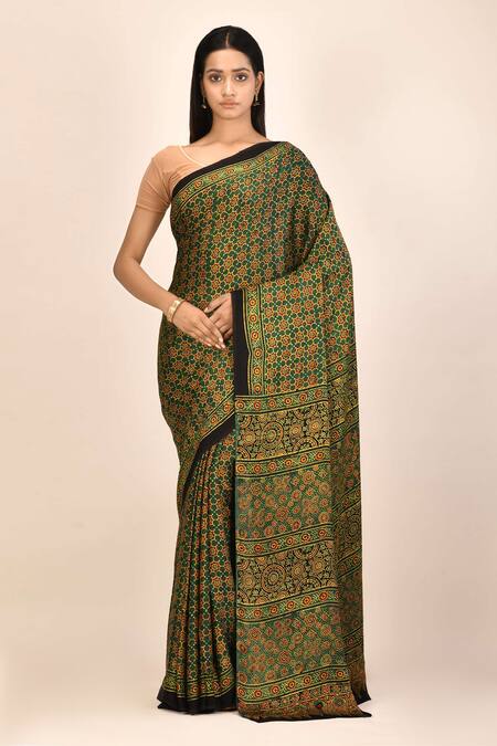 Nazaakat by Samara Singh Green Modal Silk Ajrakh Print Saree With Running Blouse Fabric