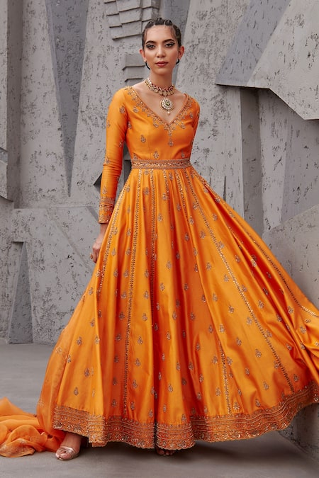 Jigar Mali Orange Chanderi Embroidery Aari V Neck Anarkali Set 